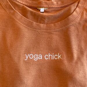 Embroidered/Bamboo and Organic Cotton “yoga chick”short sleeve,burnt orange,  XS